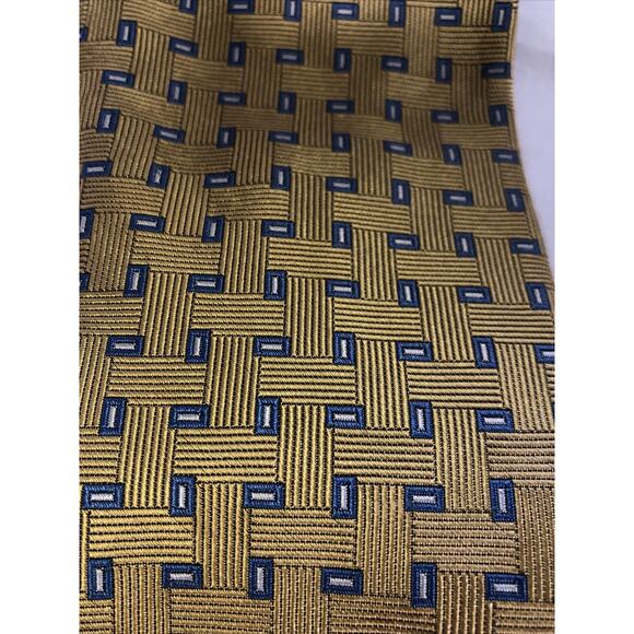 346 Brooks Brothers Pure Silk Neck Tie Gold Blue Geometric Pattern - Picture 2 of 5